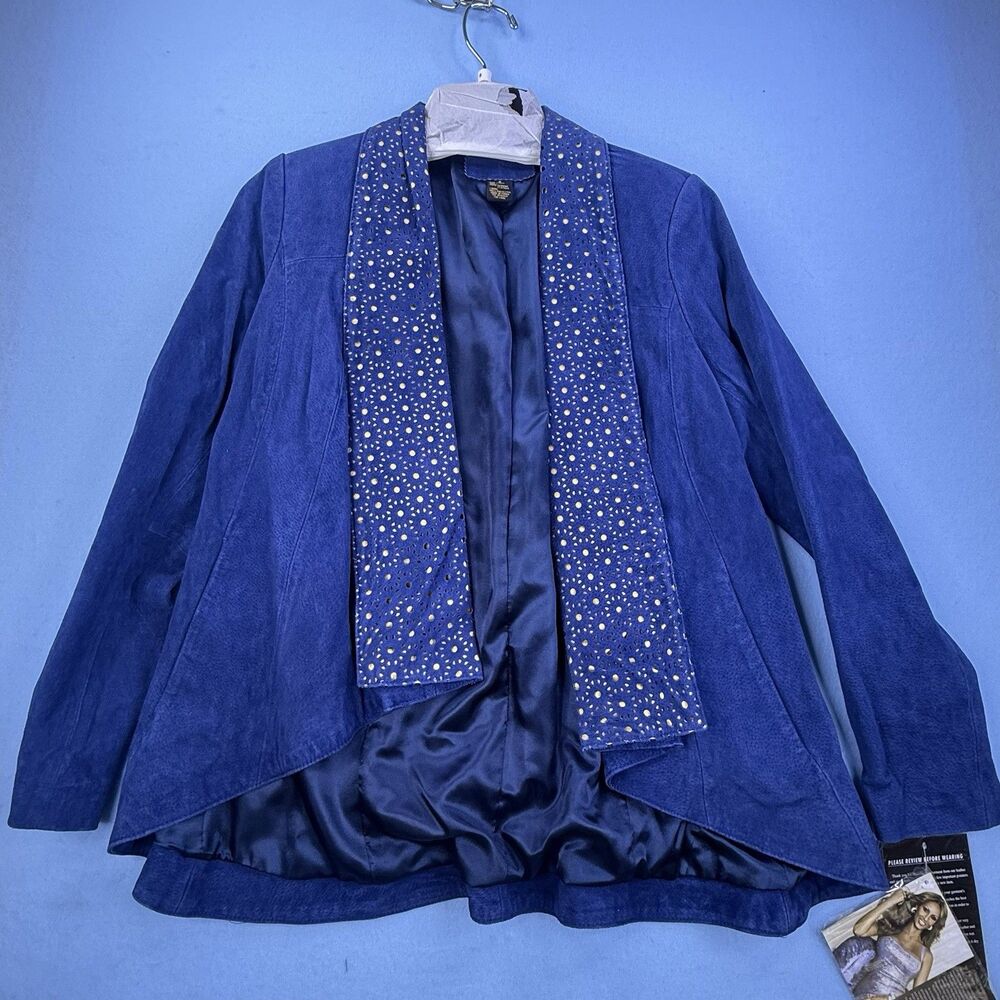 IMAN Genuine Suede Leather Waterfall Blue Laser Cut Women's Jacket Coat S 1170